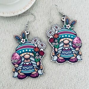 Bunny Gnome with bouquet wooden earrings
